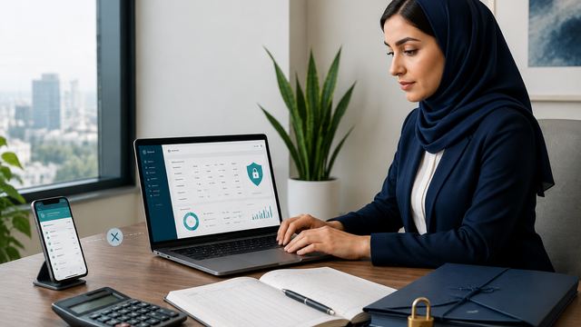 داشبورد امنیت حسابداری با نماد قفل روی صفحه لپ‌تاپ